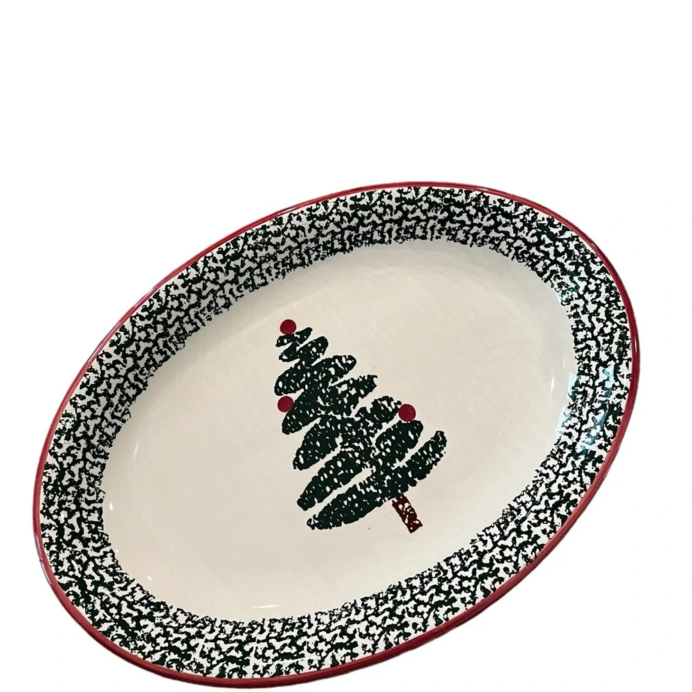 Furio Christmas Tree Sponge Paint Oval Serving Platter Made In Italy. 16” x 11.5